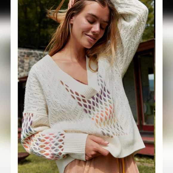 Chenille V-Neck Texture Cable-Knit Sweater in Cream Rainbow - Picture 4 of 7